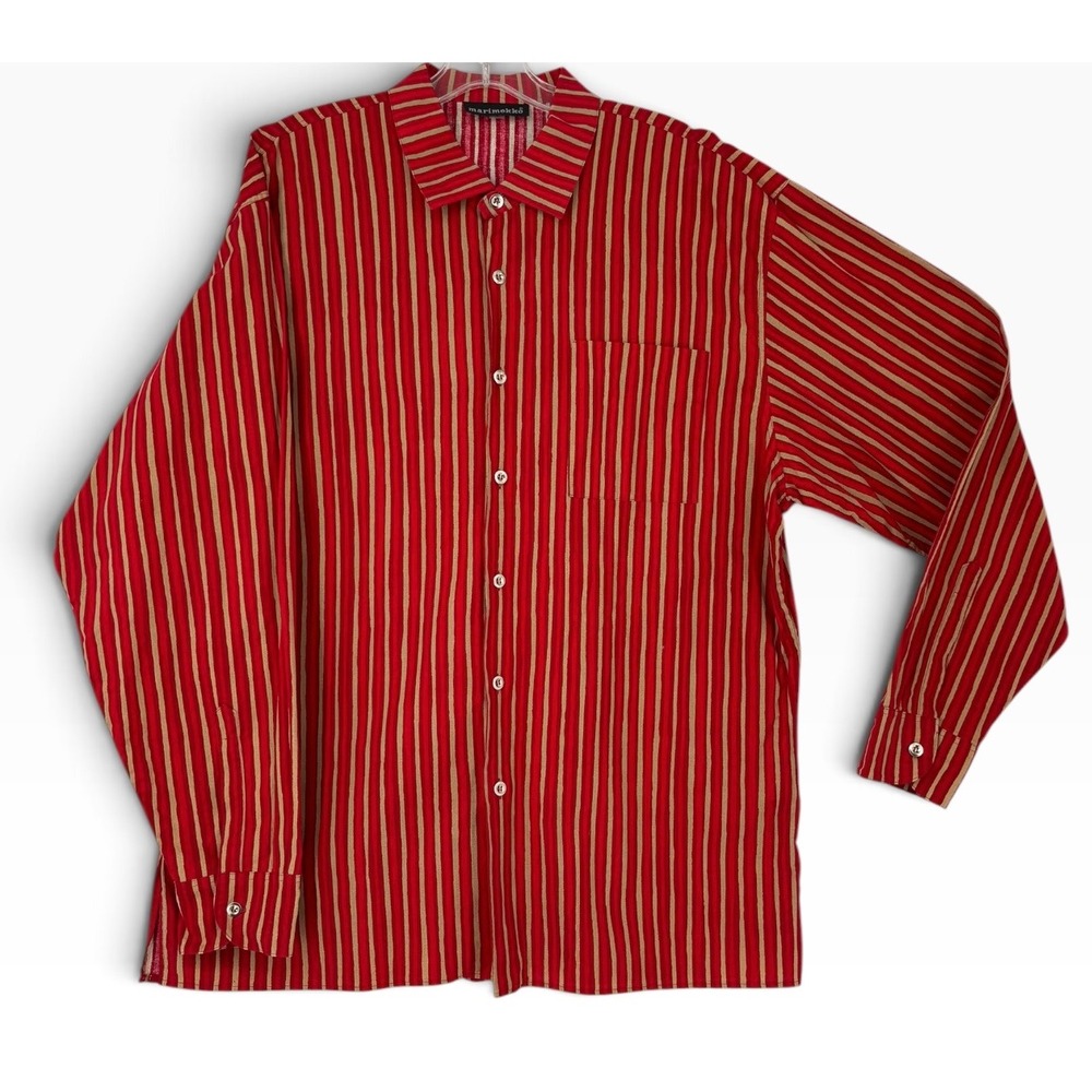 Marimekko Button Down Shirt Mens XL Red Tan Vintage Cotton Striped Long Sleeve